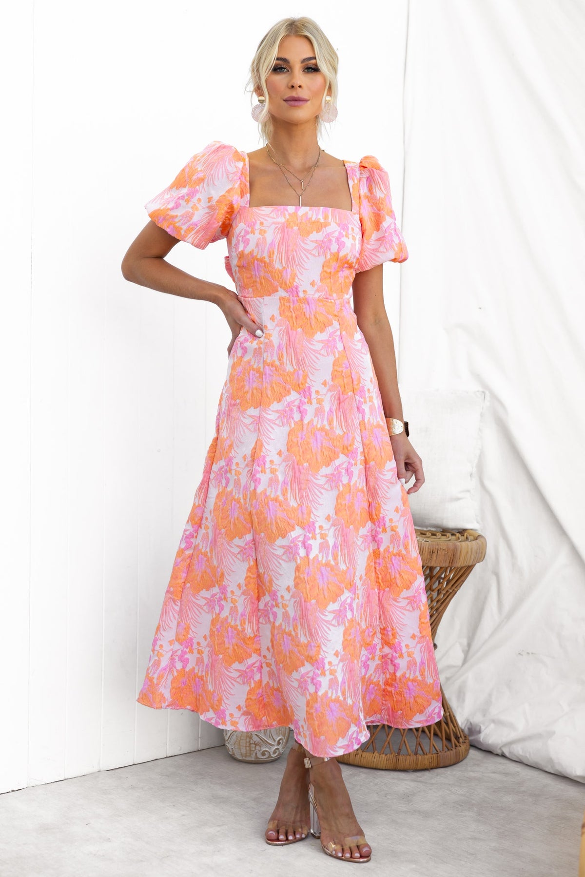Sachin Maxi Dress with square neckline and puff sleeves, featuring a pink floral design, perfect for summer occasions.