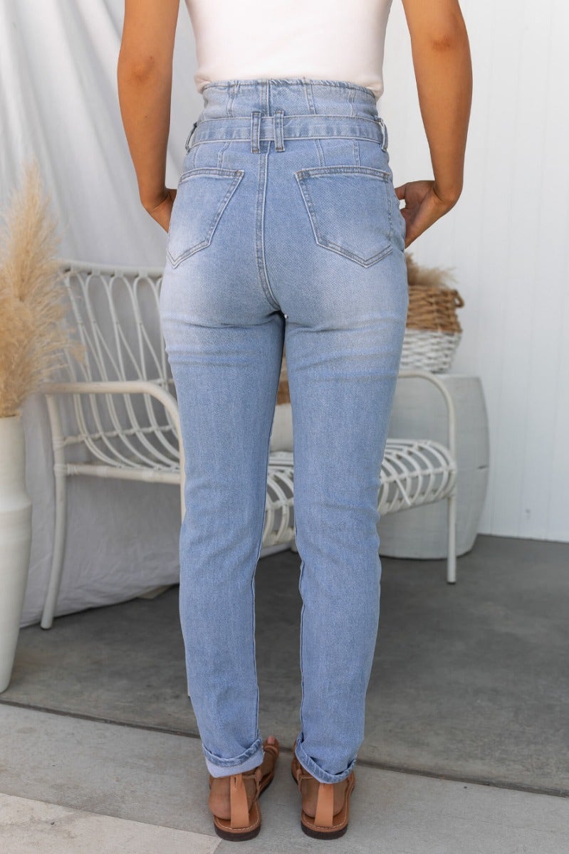 New Hope Paper Bag Jeans, high waist denim with removable belt, firm stretch, back view of fit and style.