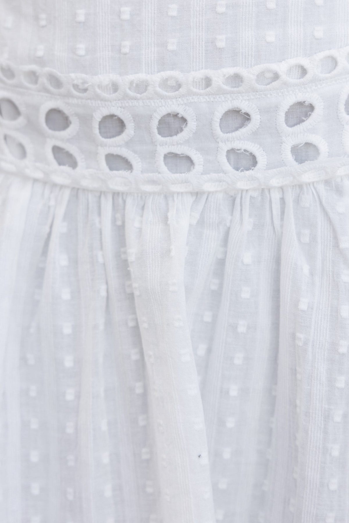 Close-up of textured white fabric with decorative cutouts, showcasing detailed stitching on a dress.
