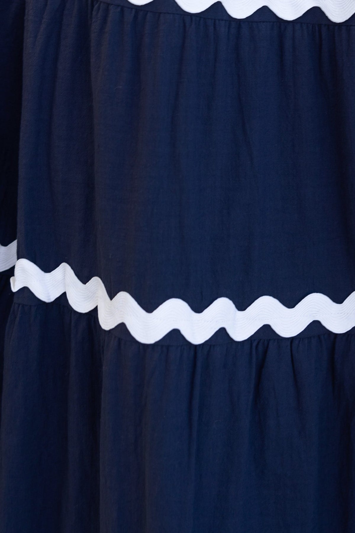 Close-up of Nori Maxi Dress in navy with white scalloped trim, showcasing the soft cotton texture and layered design.