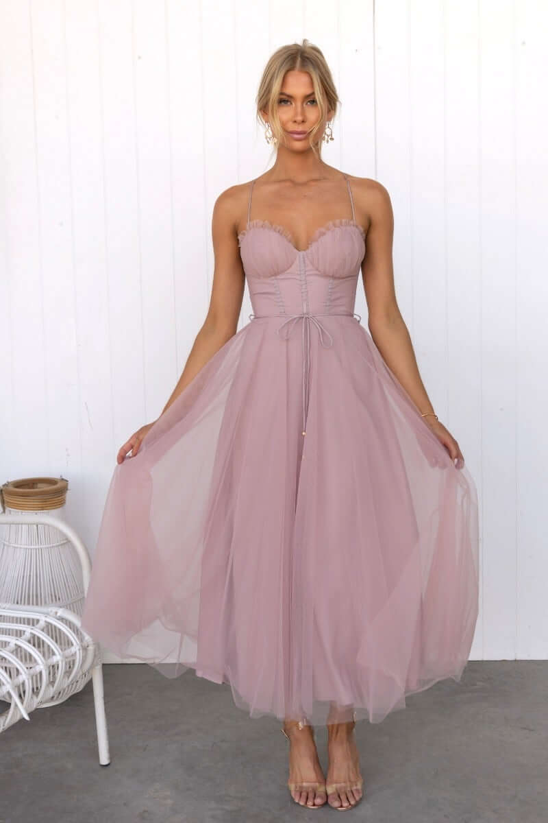 Florence Midi Dress featuring adjustable straps, tulle fabric, and a padded bust, perfect for bridal occasions.