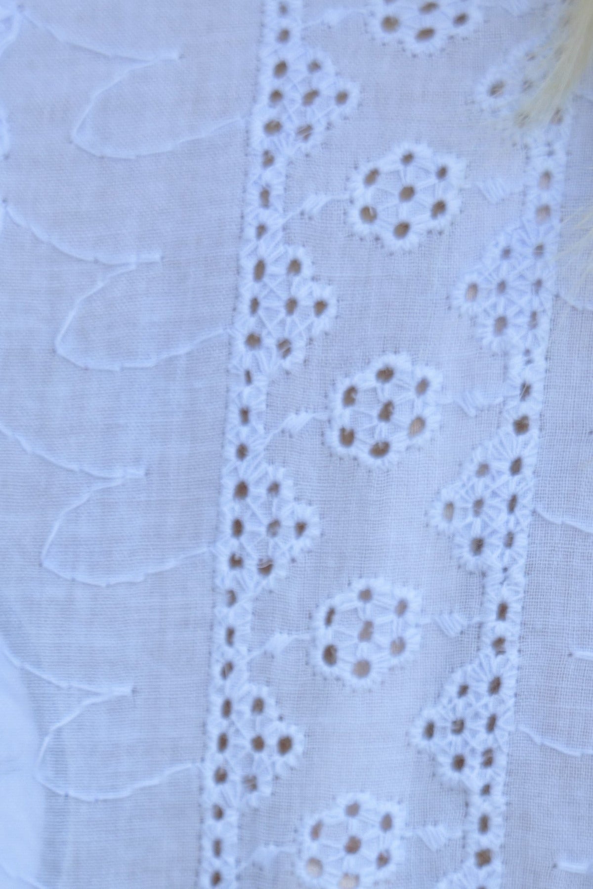 Close-up of intricate Anglaise fabric detail featuring floral embroidery on white cotton textile.