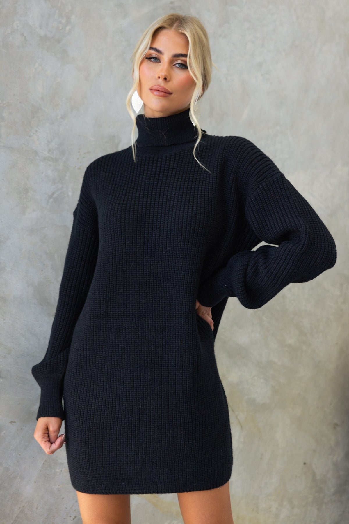 Whinnie Dress in black with turtle neckline, made from stretchy knit material, featuring a relaxed fit for women.