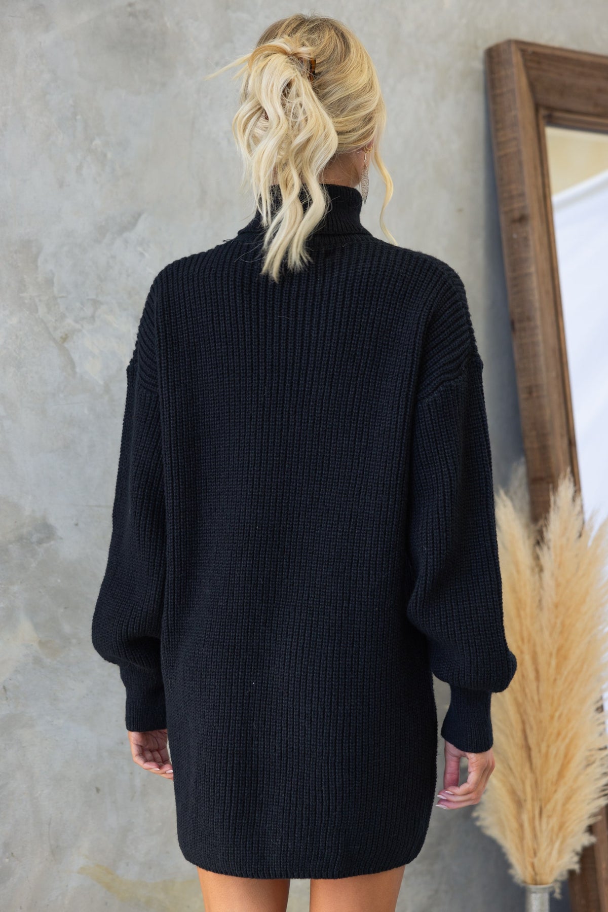 Back view of a model wearing a black Whinnie Dress with a turtle neckline and relaxed fit.