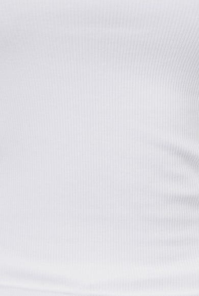 Close-up of a white ribbed top with a round neckline and cut-out shoulder detail, showcasing its stretch material.