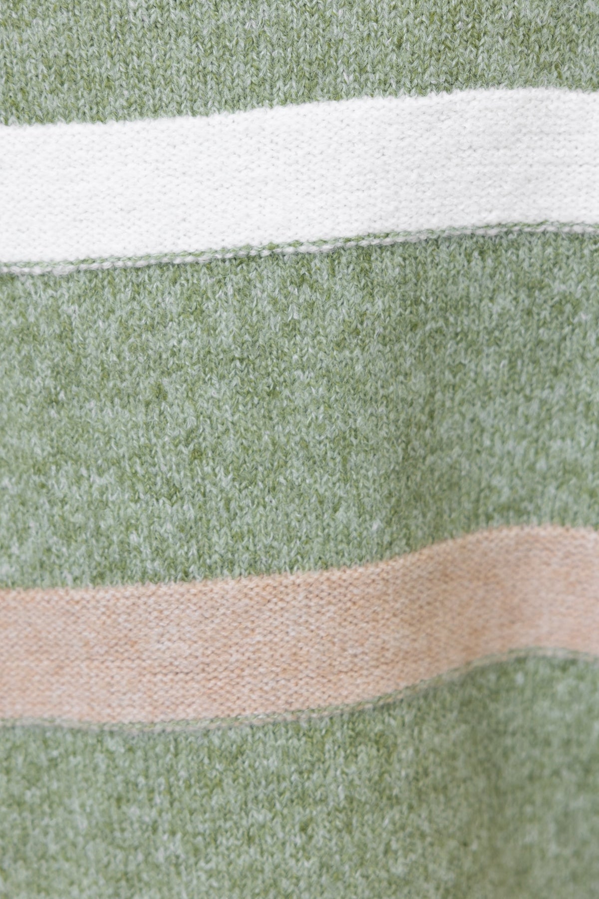 Close-up of Lukki Jumper showcasing textured knit material in green with cream and beige stripes.