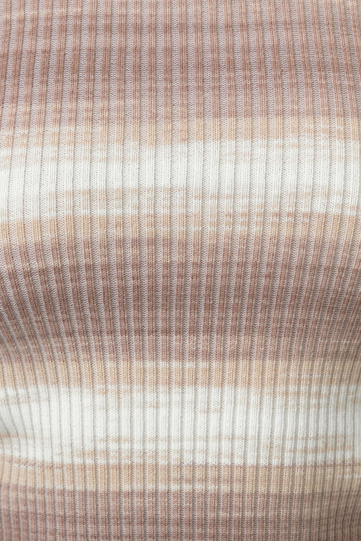 Close-up of Yitra Top showing ribbed knit fabric in soft brown and cream stripes.