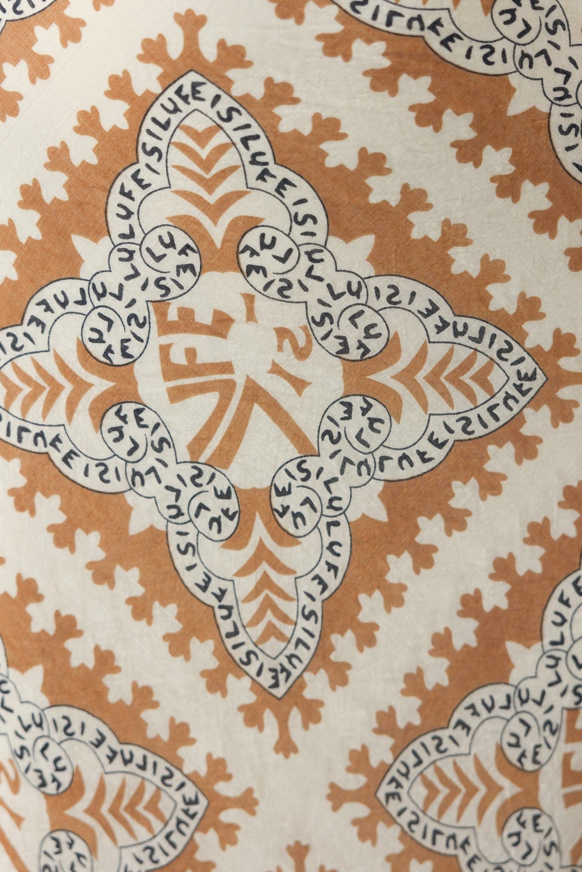 Detailed close-up of a patterned fabric featuring intricate designs in earthy tones, ideal for fashion purposes.