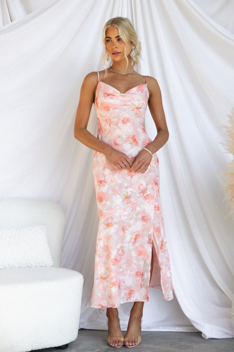 Beaming Maxi Dress: Textured print, cowl neckline, adjustable straps, front split, perfect for summer events.