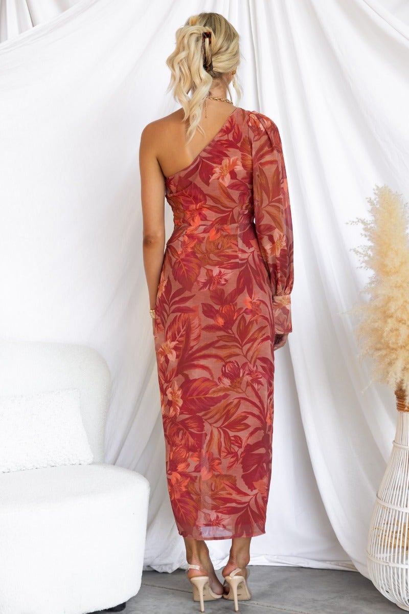 Back view of Wonders Midi Dress featuring floral print, one-shoulder design, and asymmetrical hemline.
