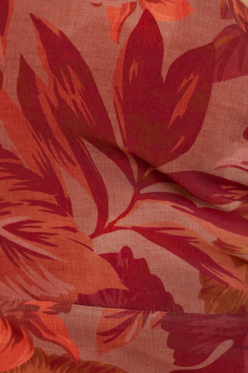 Close-up of vibrant floral print fabric in shades of red and orange, featured in the Wonders Midi Dress.