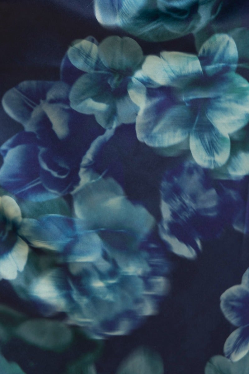 Navy floral print fabric detail featuring blue and green flowers, ideal for Yuna Maxi Dress.