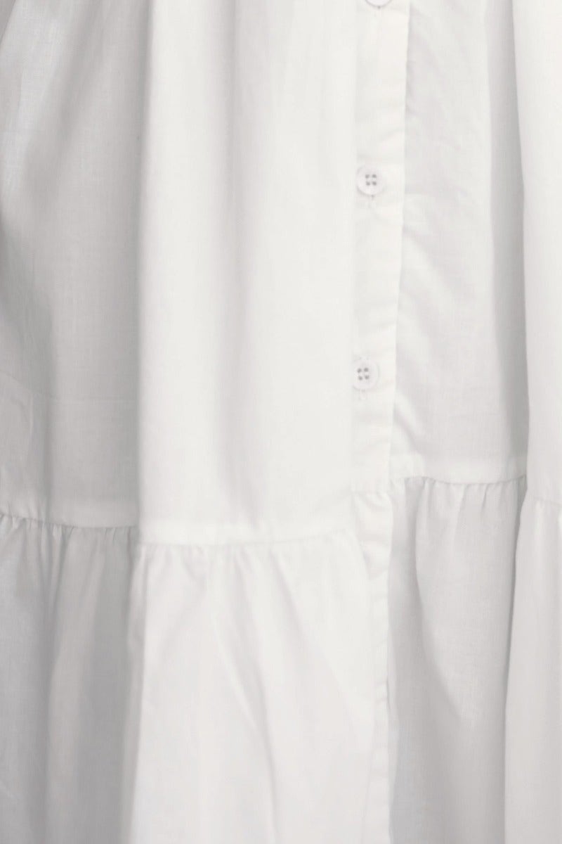 Cotton Eloisa dress featuring a button-up front and gathered skirt detail in classic white.