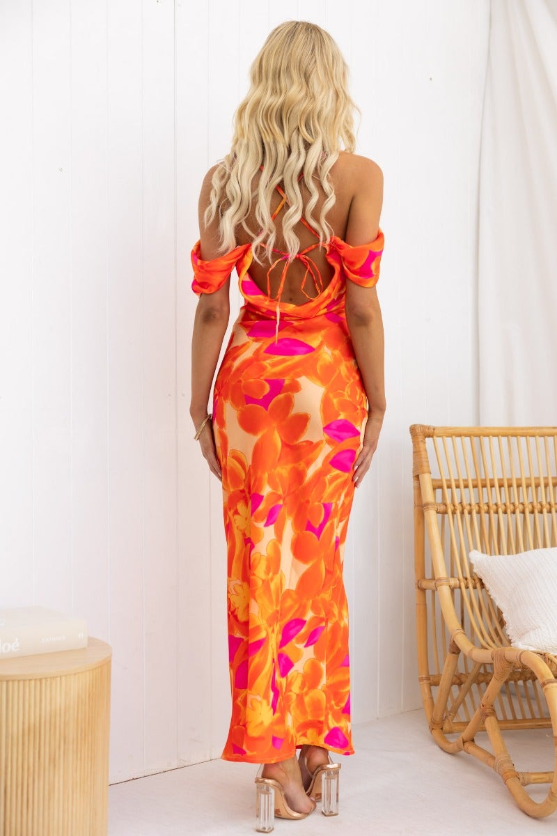 Back view of a model in a multi-colour Jiah maxi dress with adjustable tie straps and floral design.