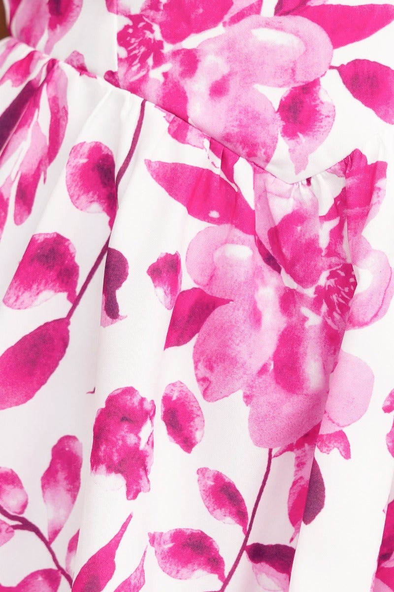 Close-up of pink floral print on a midi dress, featuring soft petals against a white background.