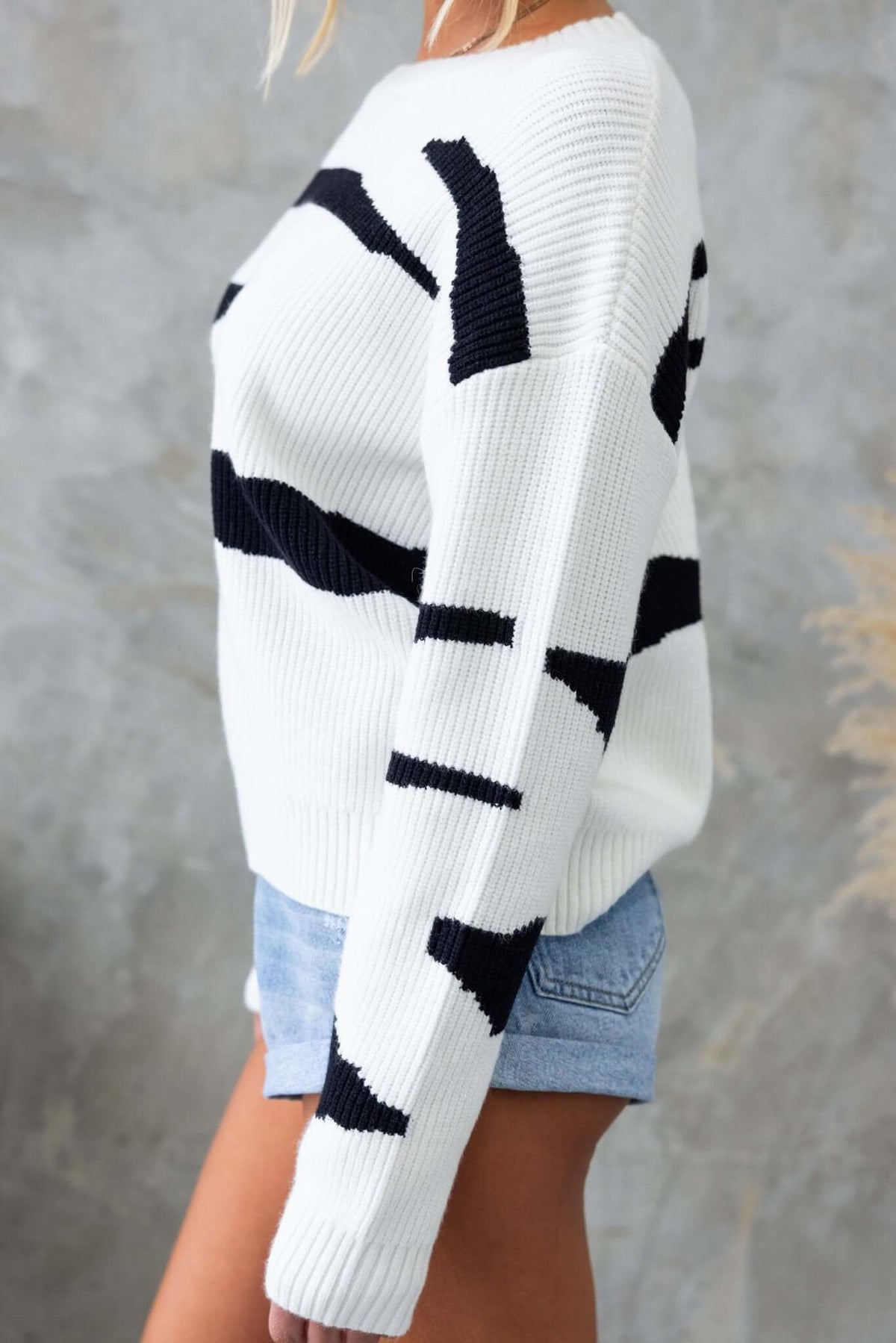 Aiken Jumper featuring a round neckline, ribbed knit material, and black pattern on a white background, styled with denim shorts.