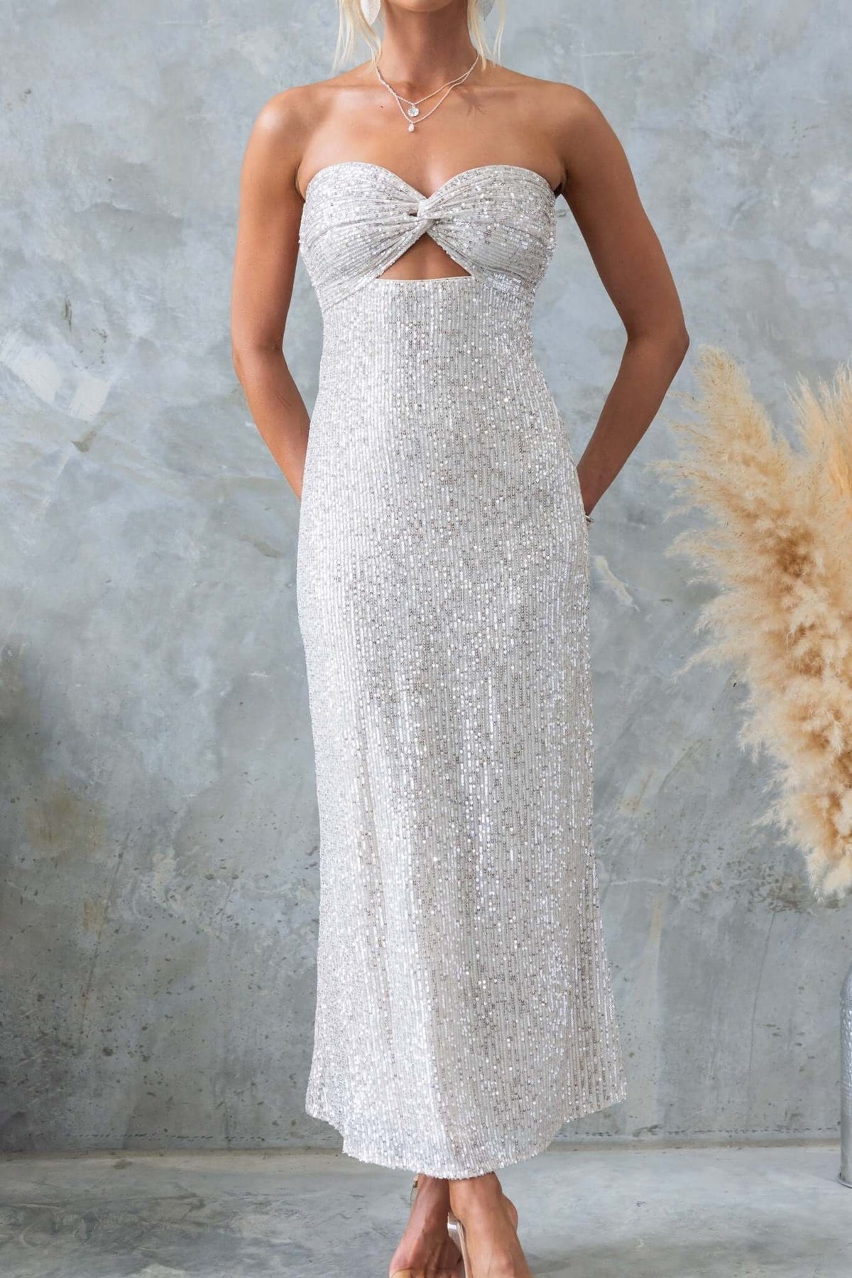 Stylish Kileen Maxi Dress, strapless with sequins and cut-out detail, perfect for elegant occasions.