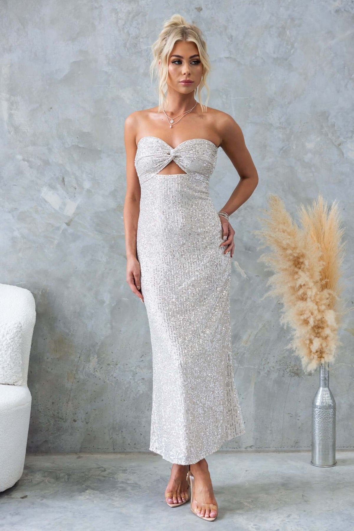 Glamorous Kileen Maxi Dress featuring a strapless design, sequins, and cut-out detail for a chic evening look.