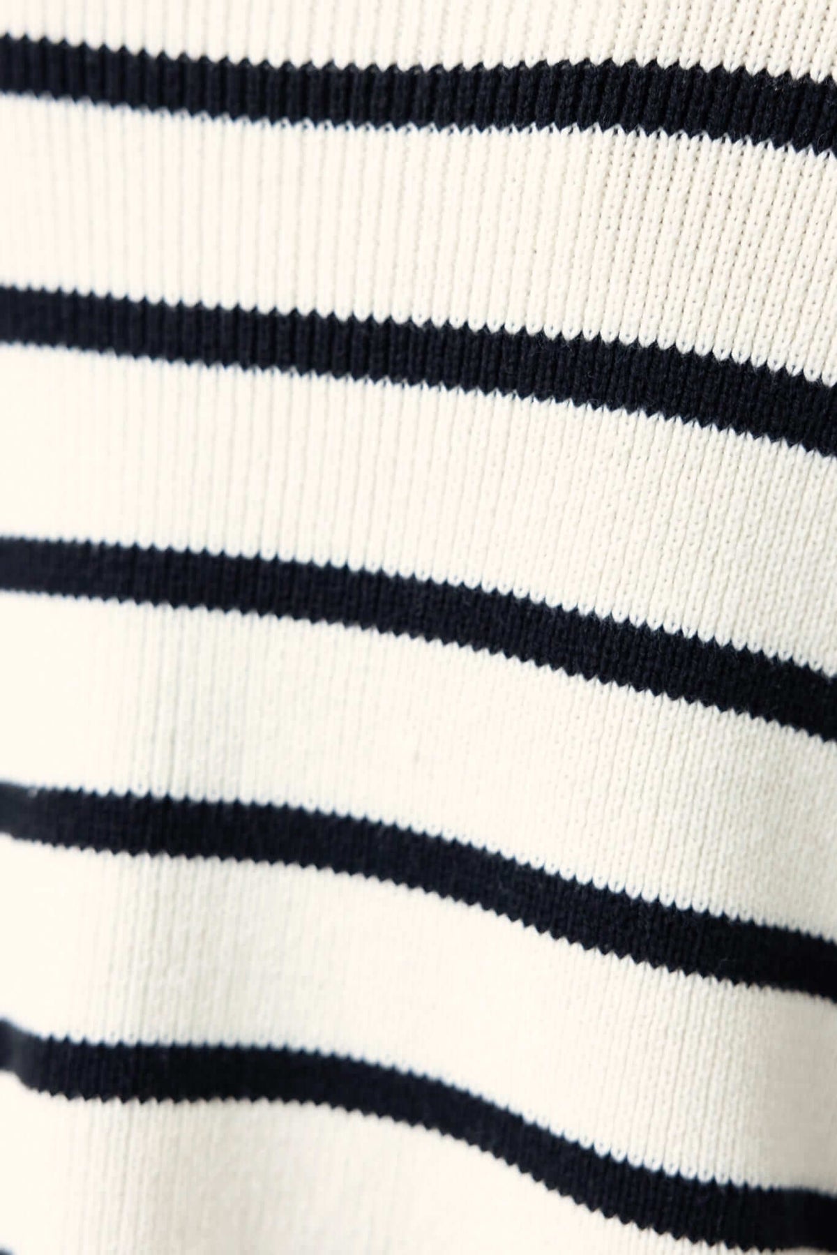 Close-up of the Pekin Jumper featuring a classic white and navy striped knit pattern.