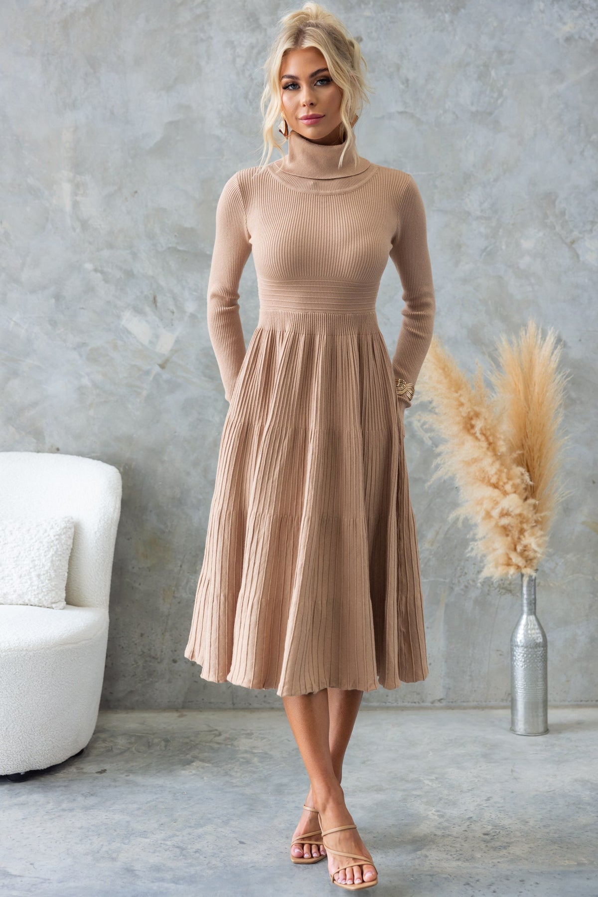 Parkley Midi Dress in beige with turtle neckline and ribbed knit material, perfect for stylish casual wear.
