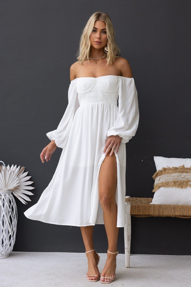 Lost Love Midi Dress in white with off-shoulder design, pleat detail, and front split for a stylish, elegant look.
