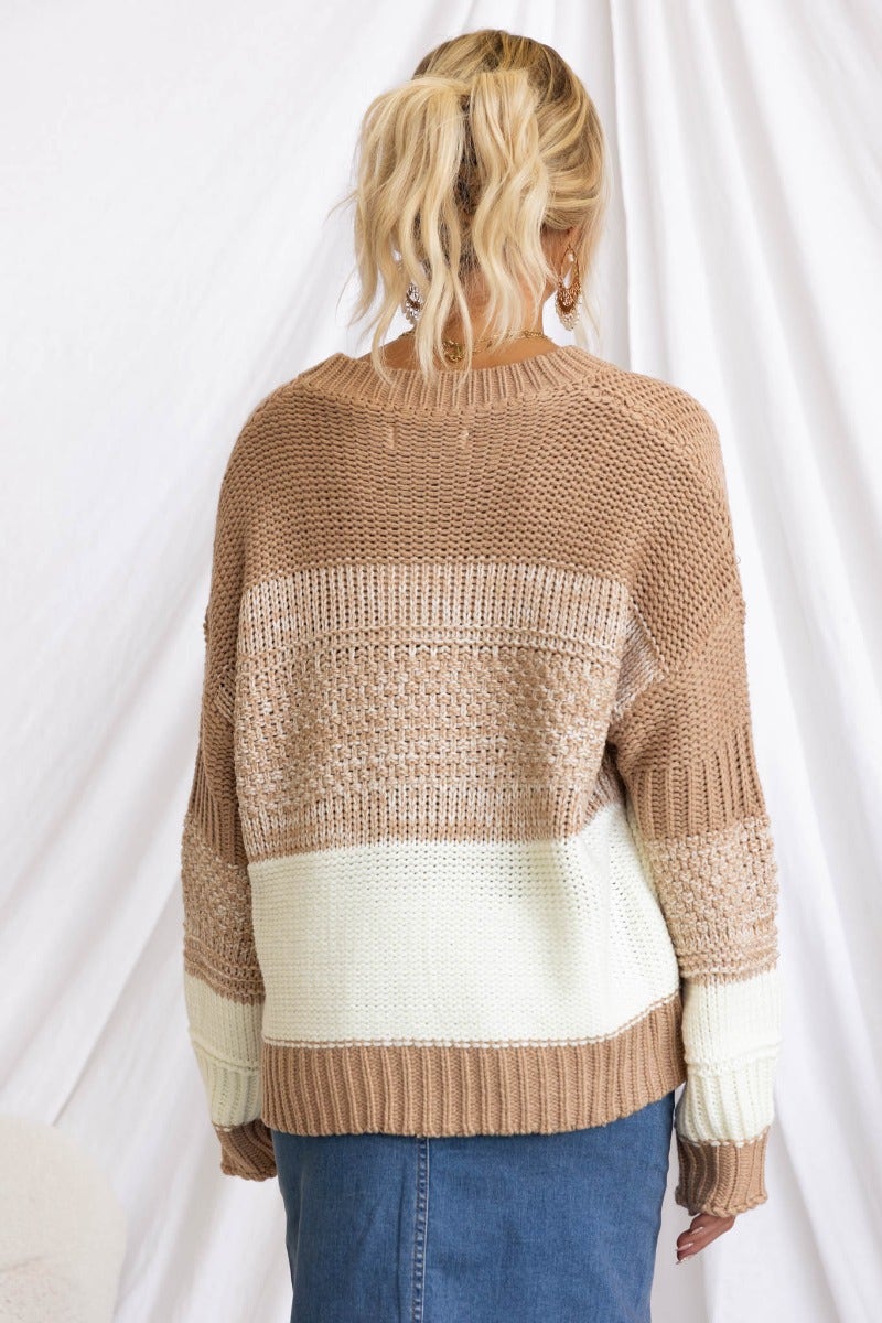 Back view of a relaxed fit knit jumper featuring beige and cream stripes, perfect for casual wear.