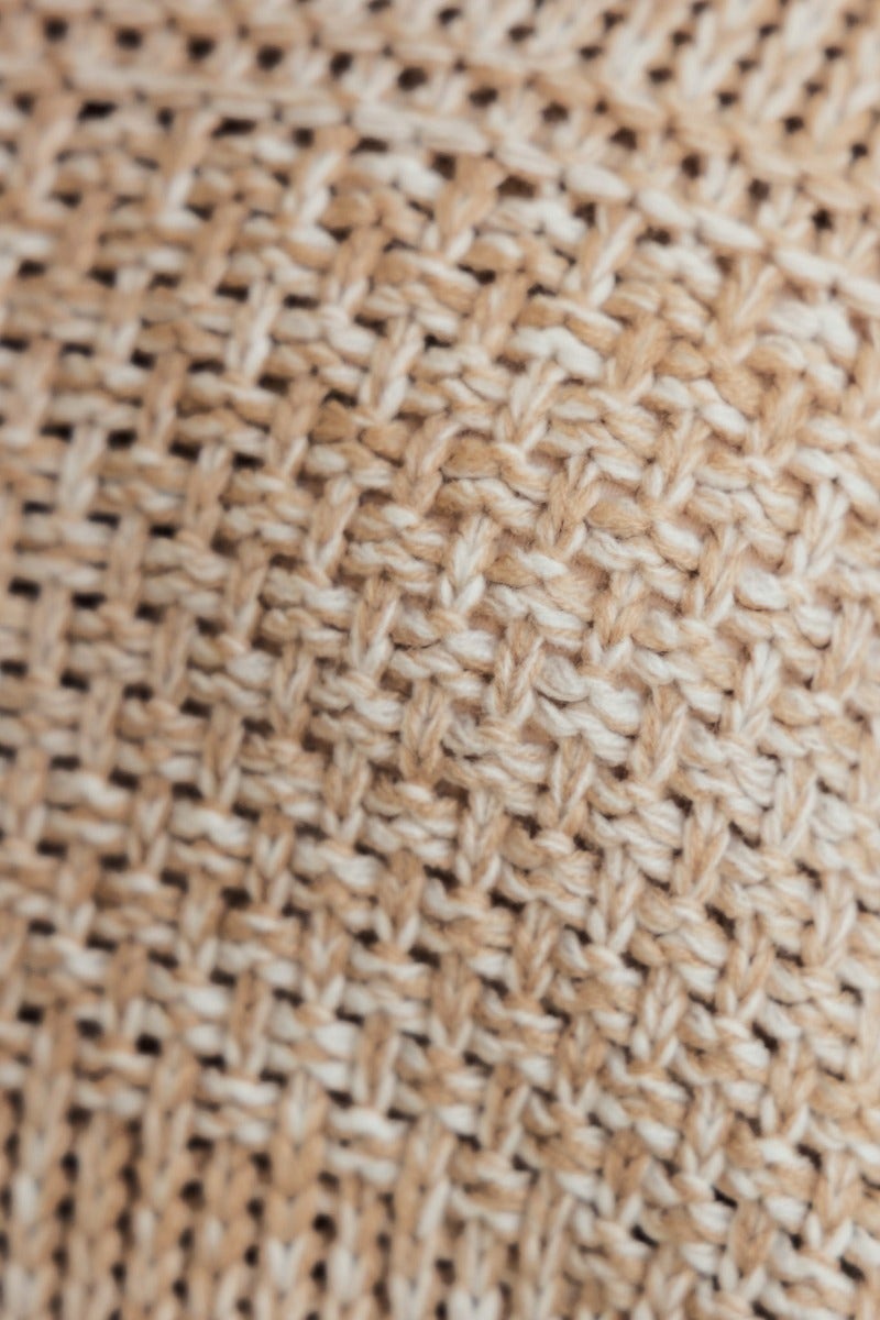 Close-up of knit texture of the Burma Jumper in beige, showcasing its soft acrylic material and woven design.
