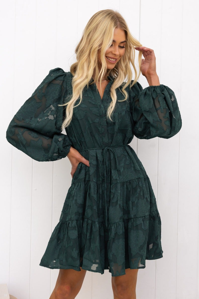 Halston Dress: Embossed print, button-up front, elastic sleeve cuffs, removable tie, lined, 100% polyester, elegant and stylish.
