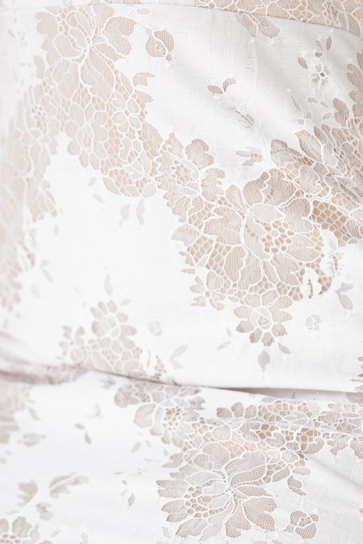 Close-up of lace fabric featuring floral patterns, ideal for a delicate and stylish maxi dress.