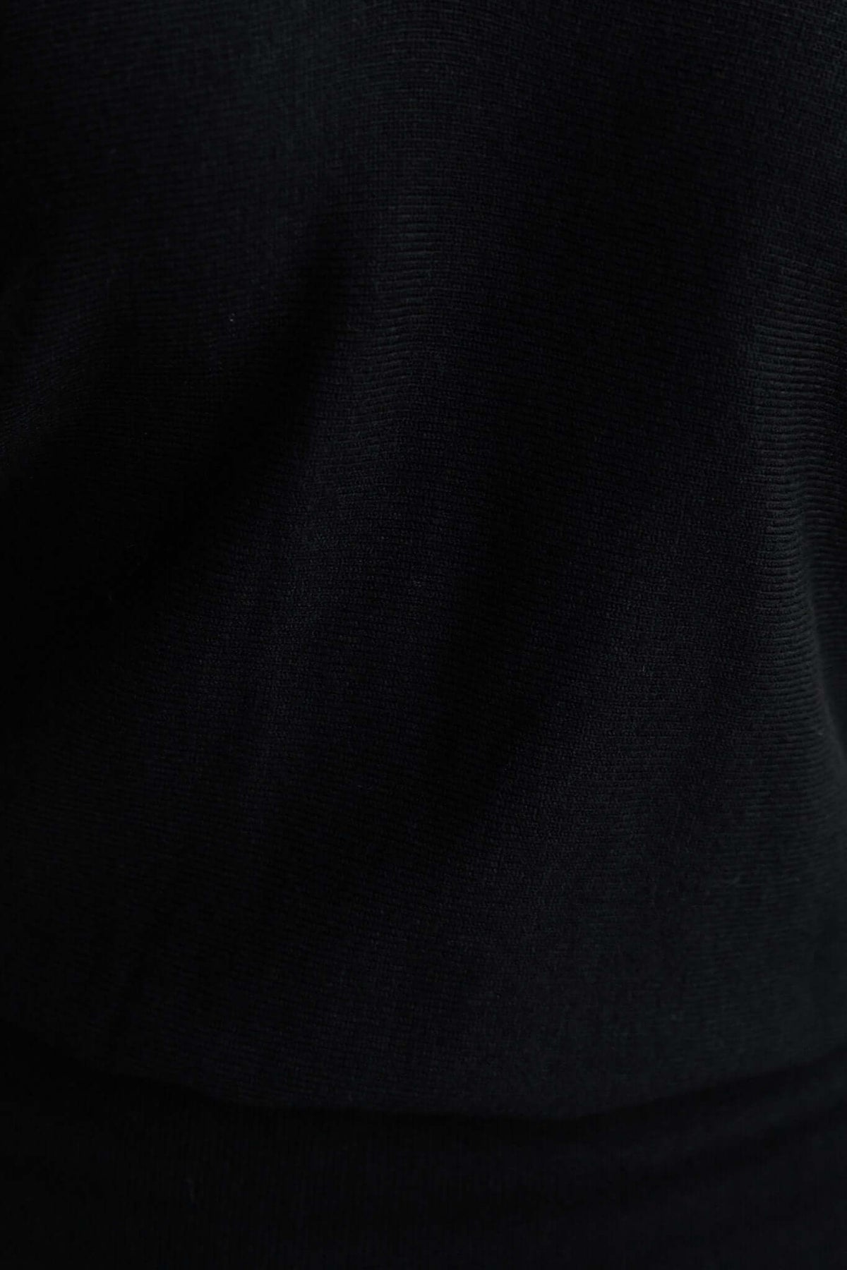 Close-up of the textured knit fabric of a black midi dress with stretchable material and a relaxed fit.