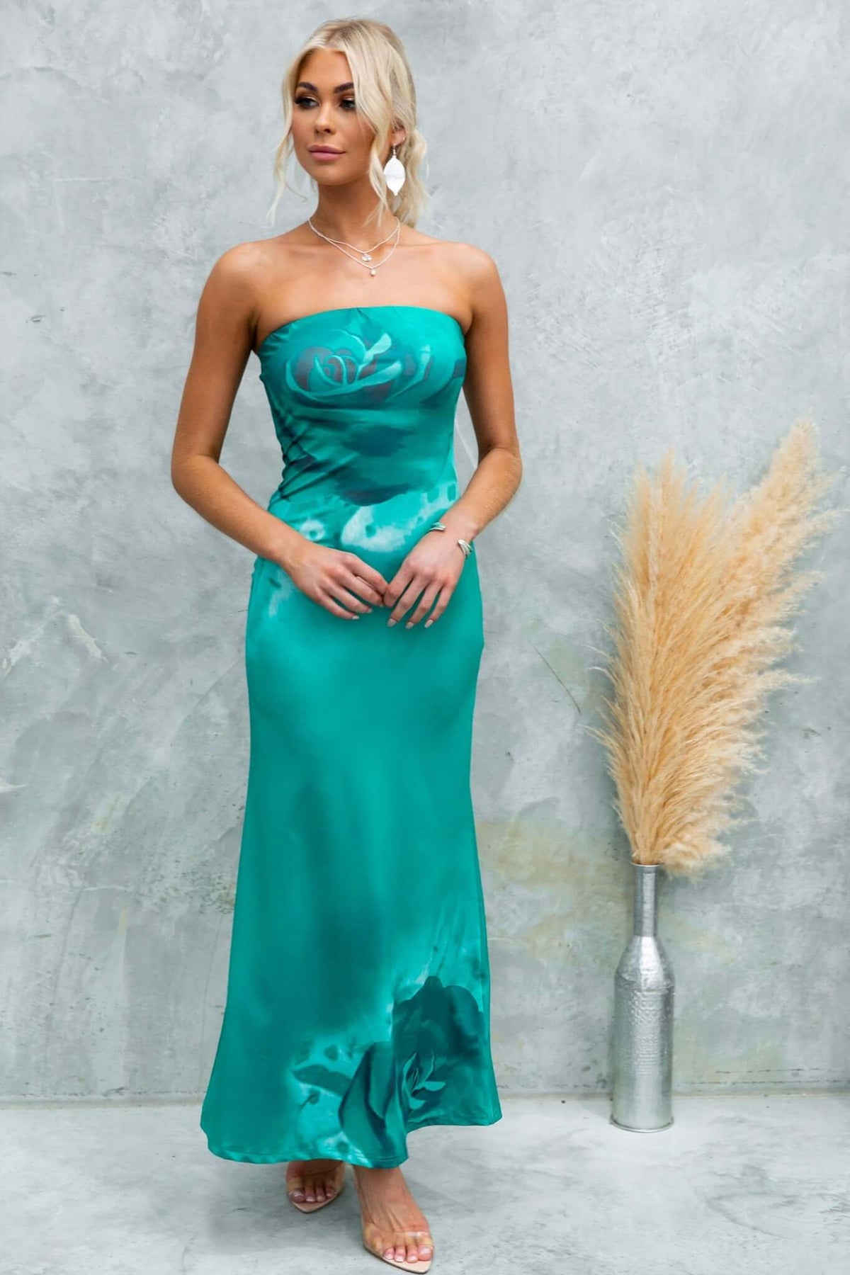 Strapless Dyxon Maxi Dress in teal with floral design, showcasing a sleek silhouette, perfect for formal occasions.