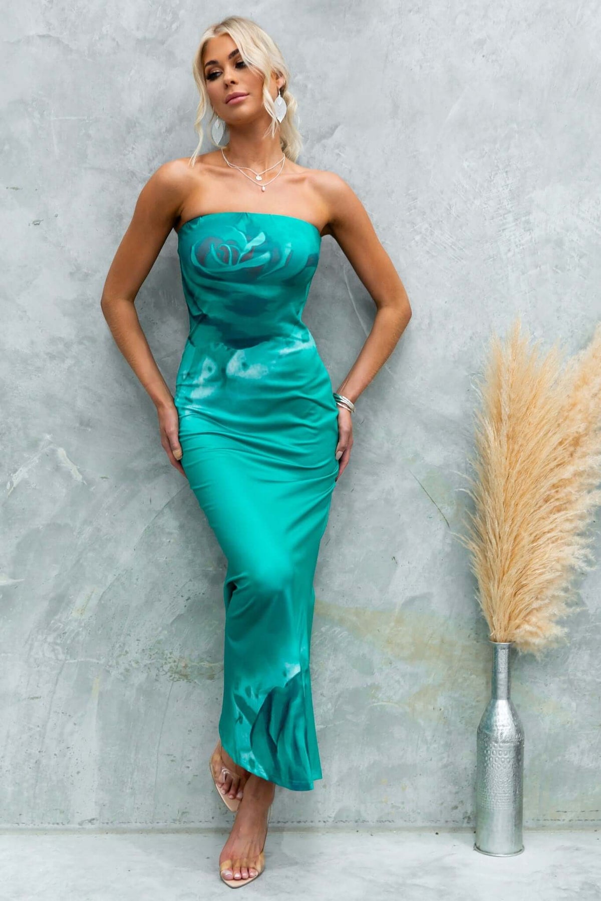 Dyxon Maxi Dress in teal, strapless style with elastic neckline, model posing with stylish backdrop.