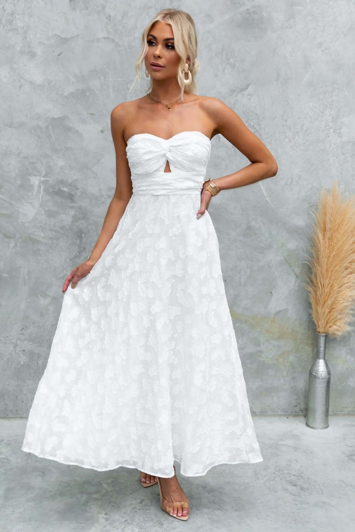 Ivrea Maxi Dress in white, strapless style with a keyhole detail, perfect for summer events.