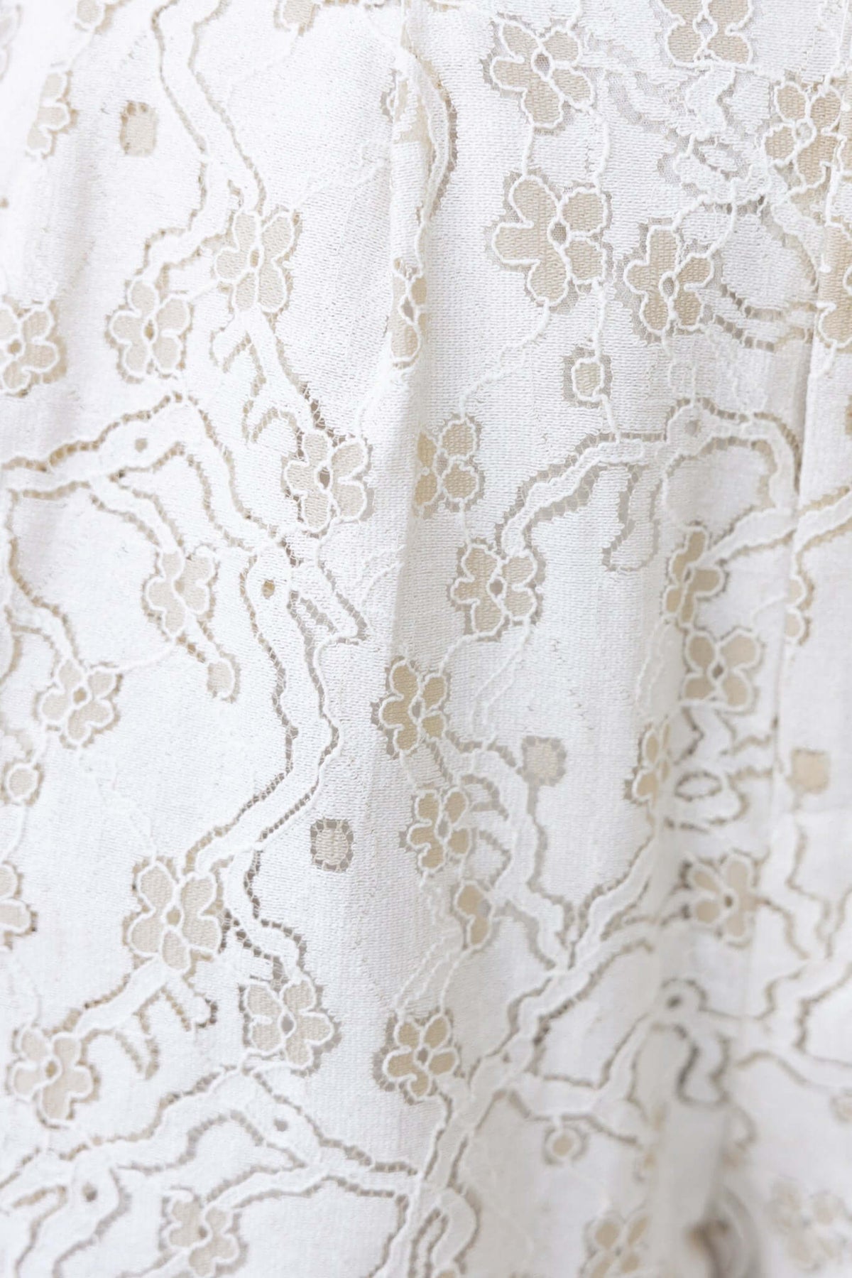 Close-up of delicate floral lace fabric in soft beige and white, showcasing intricate patterns and textures.