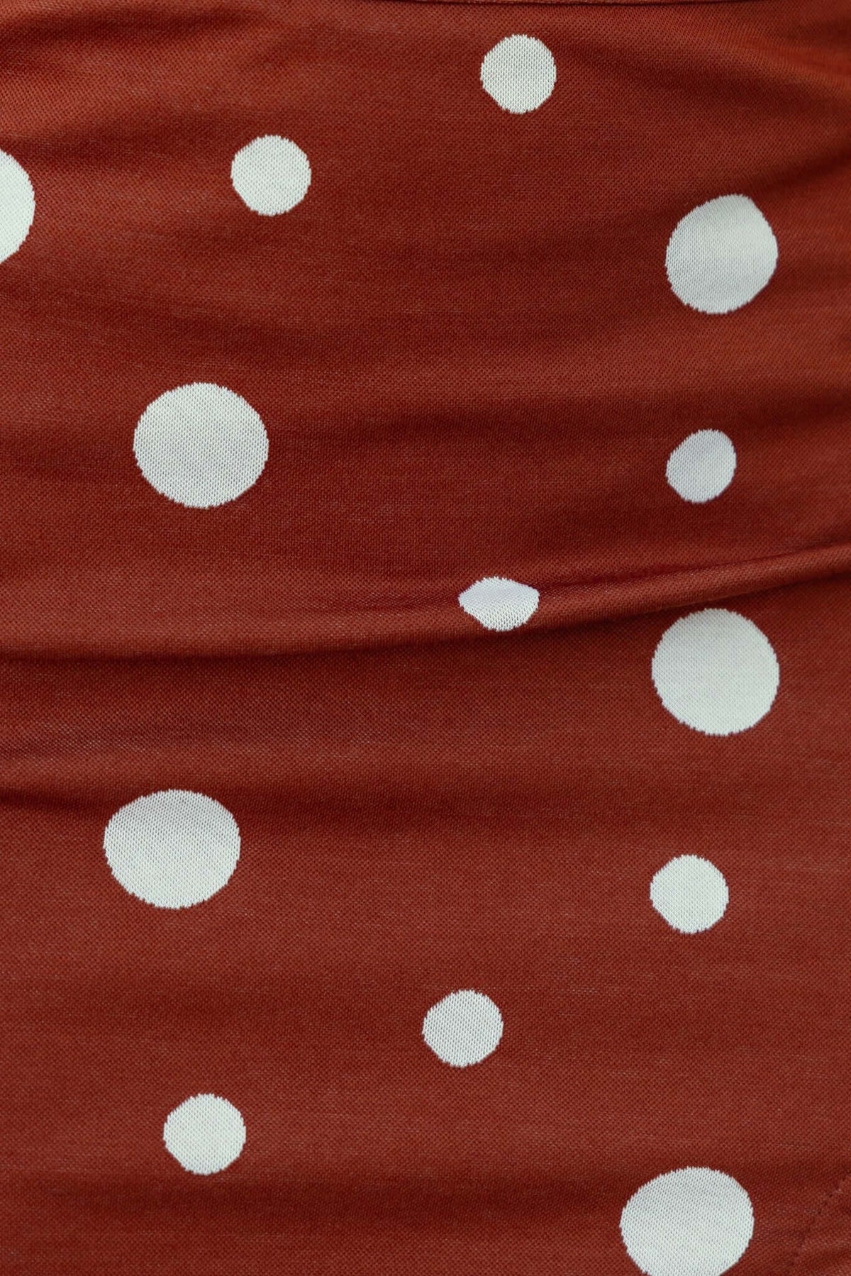 Gelida Skirt featuring a rust fabric with white polka dots, perfect for a stylish mid-high waist look.