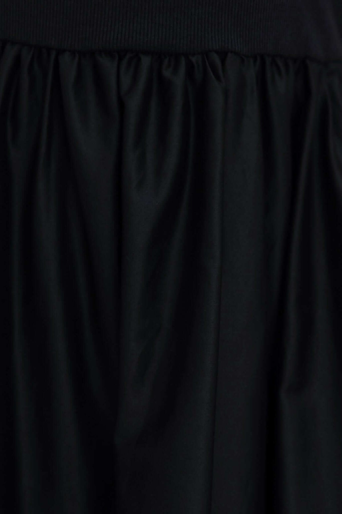 Close-up of Haidy Midi Dress showing the elastic bodice and gathered skirt in black fabric.