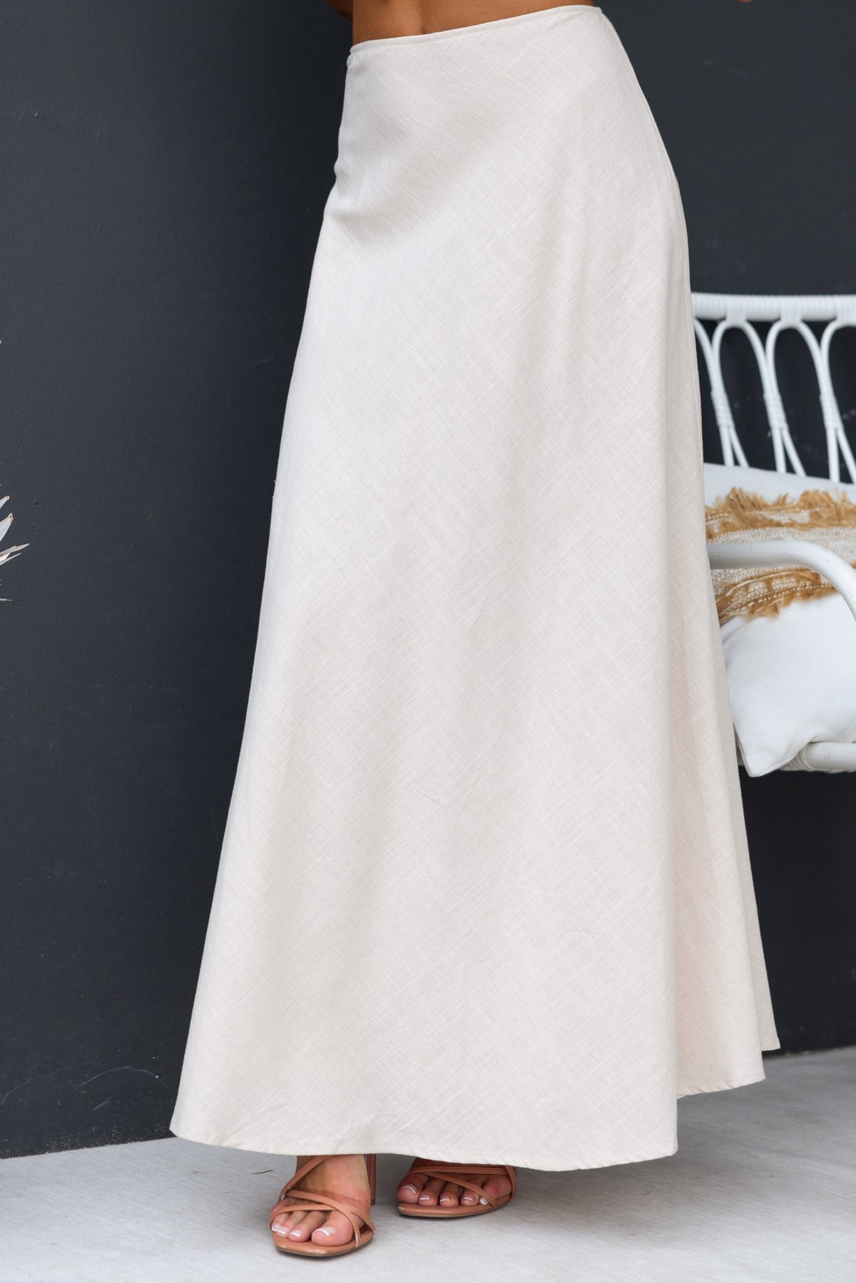 Shana Maxi Skirt in beige, featuring mid-high waist, invisible zip, cotton blend, and lined design.