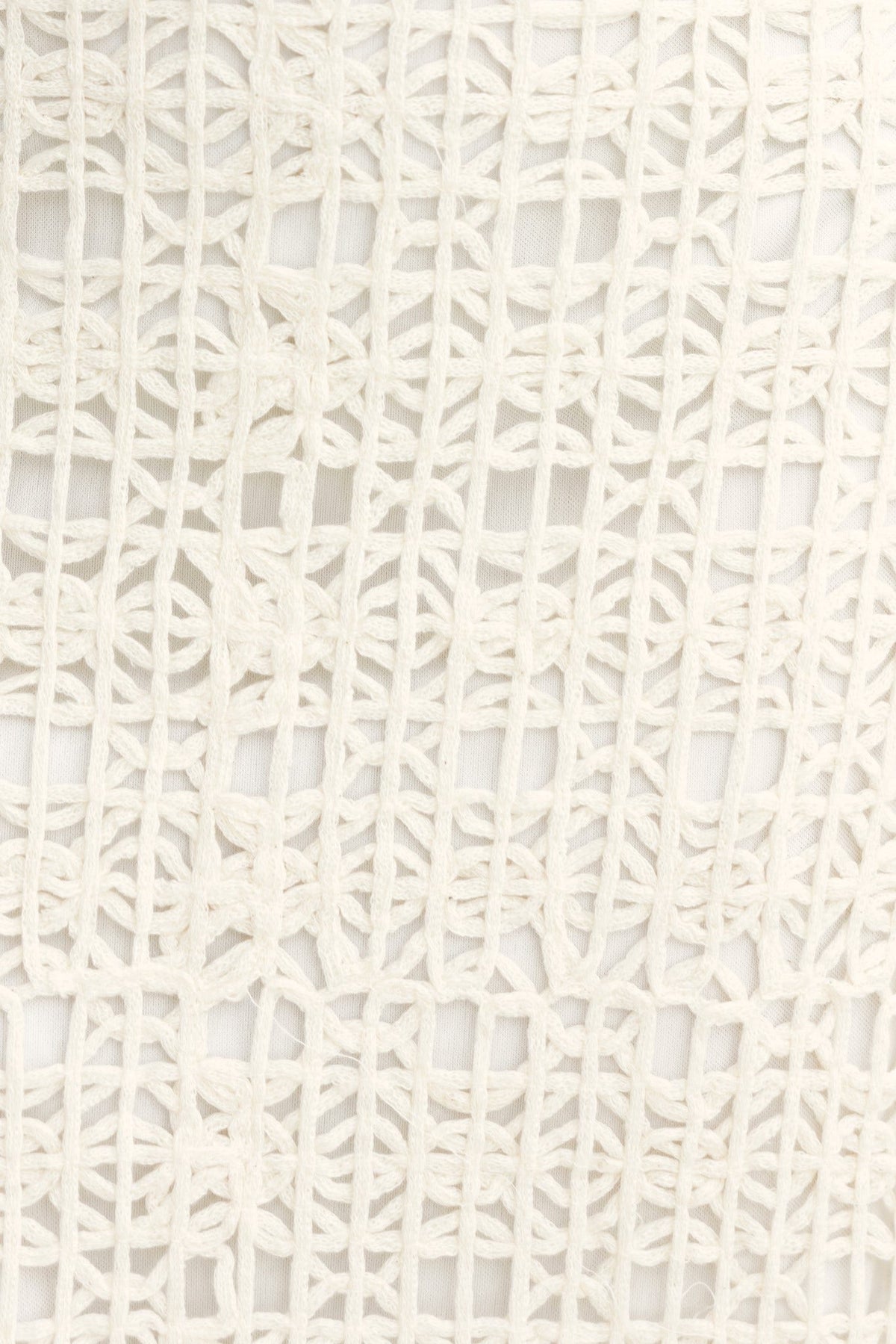 Close-up of crochet fabric texture used in the Cyprus Maxi Dress, showing intricate woven patterns in cream color.