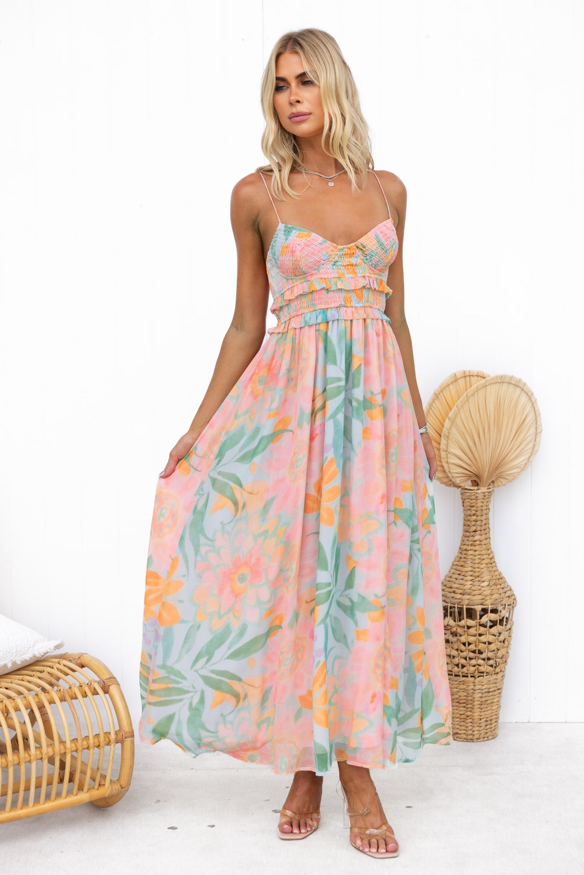 Alara Maxi Dress featuring floral print, adjustable straps, elastic bodice, and a front split in lightweight chiffon.