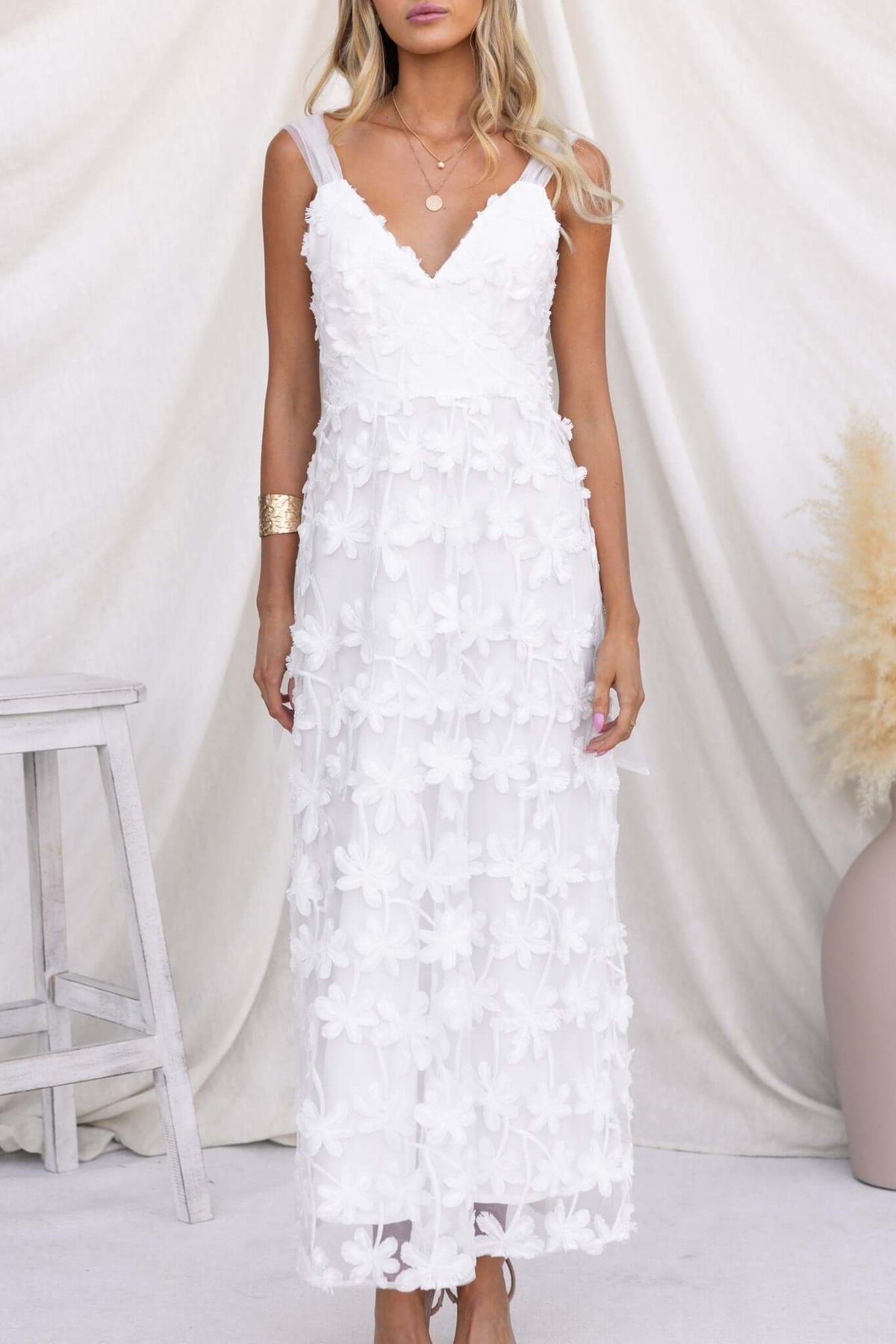 Xaria Maxi Dress in white, featuring tulle embroidery, tie straps, and a back zip closure, perfect for summer wear.