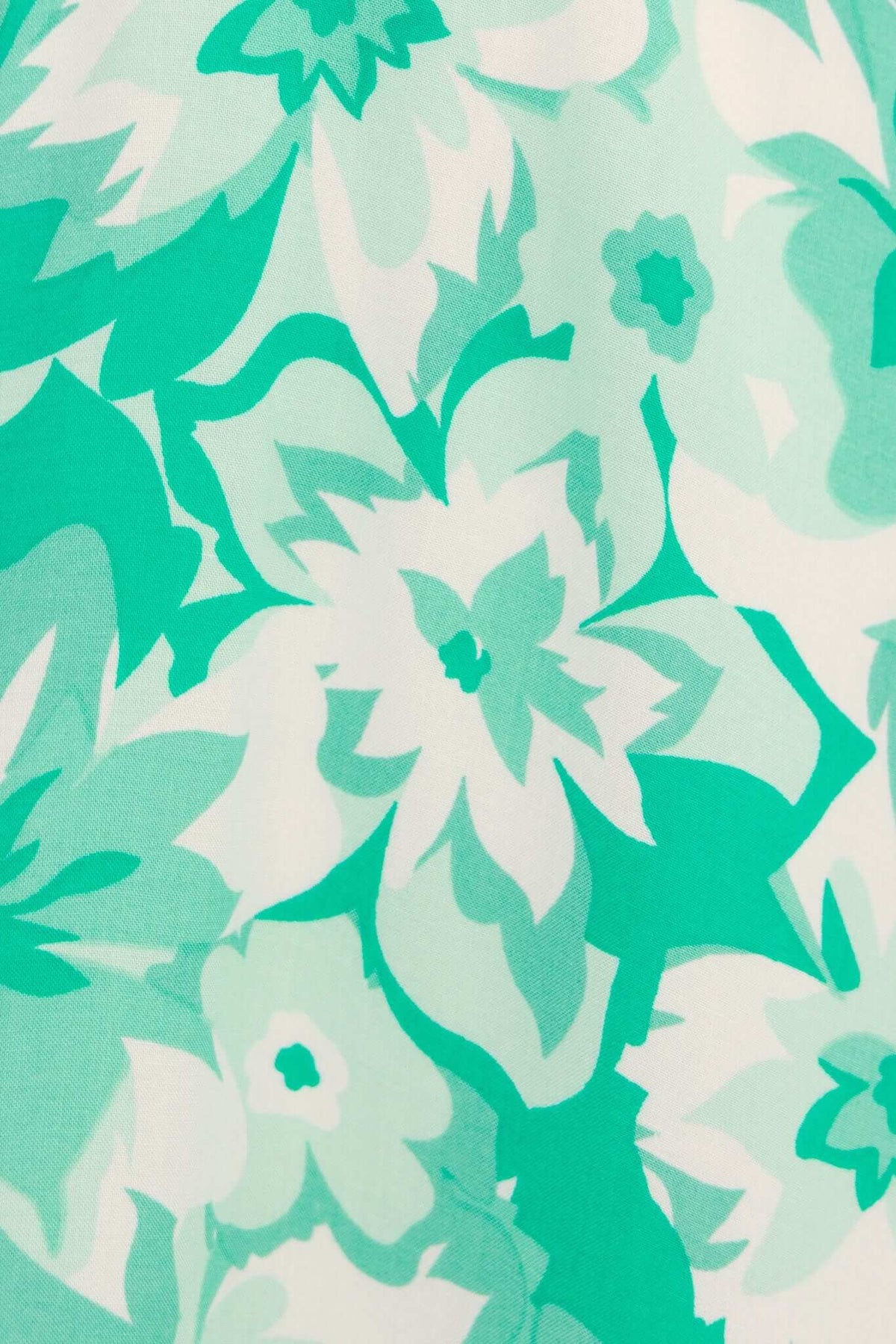 Close-up of floral print in shades of green on fabric, perfect for summer fashion.
