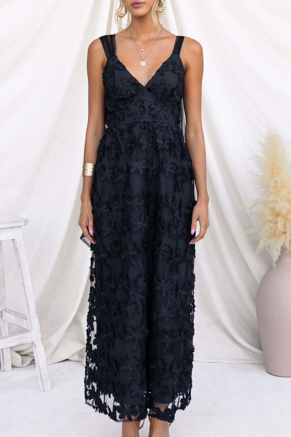 Xaria Maxi Dress in black with tie straps and tulle embroidery, perfect for summer events.