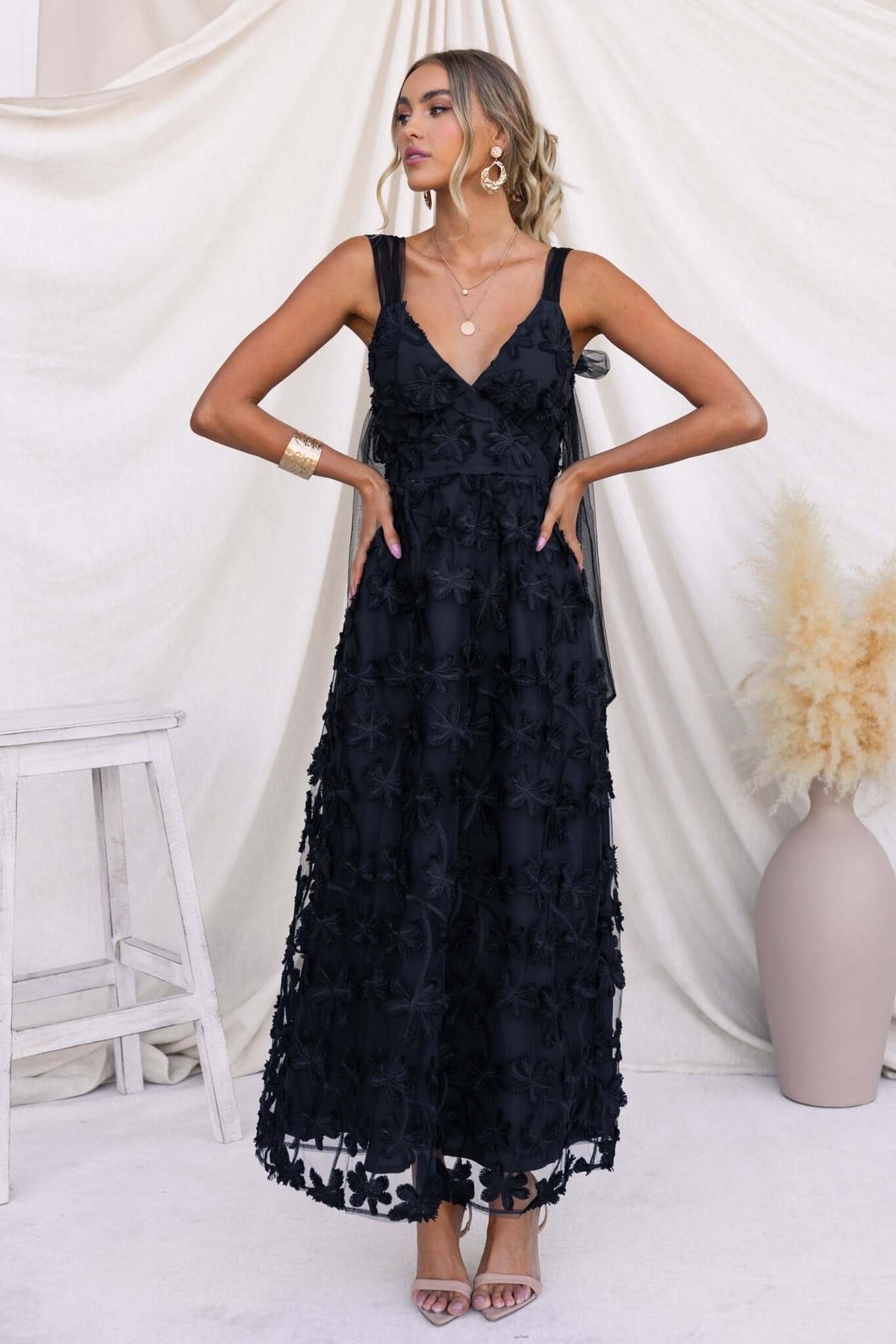 Elegant black Xaria Maxi Dress with tie straps, tulle embroidery, and zip back, perfect for summer occasions.