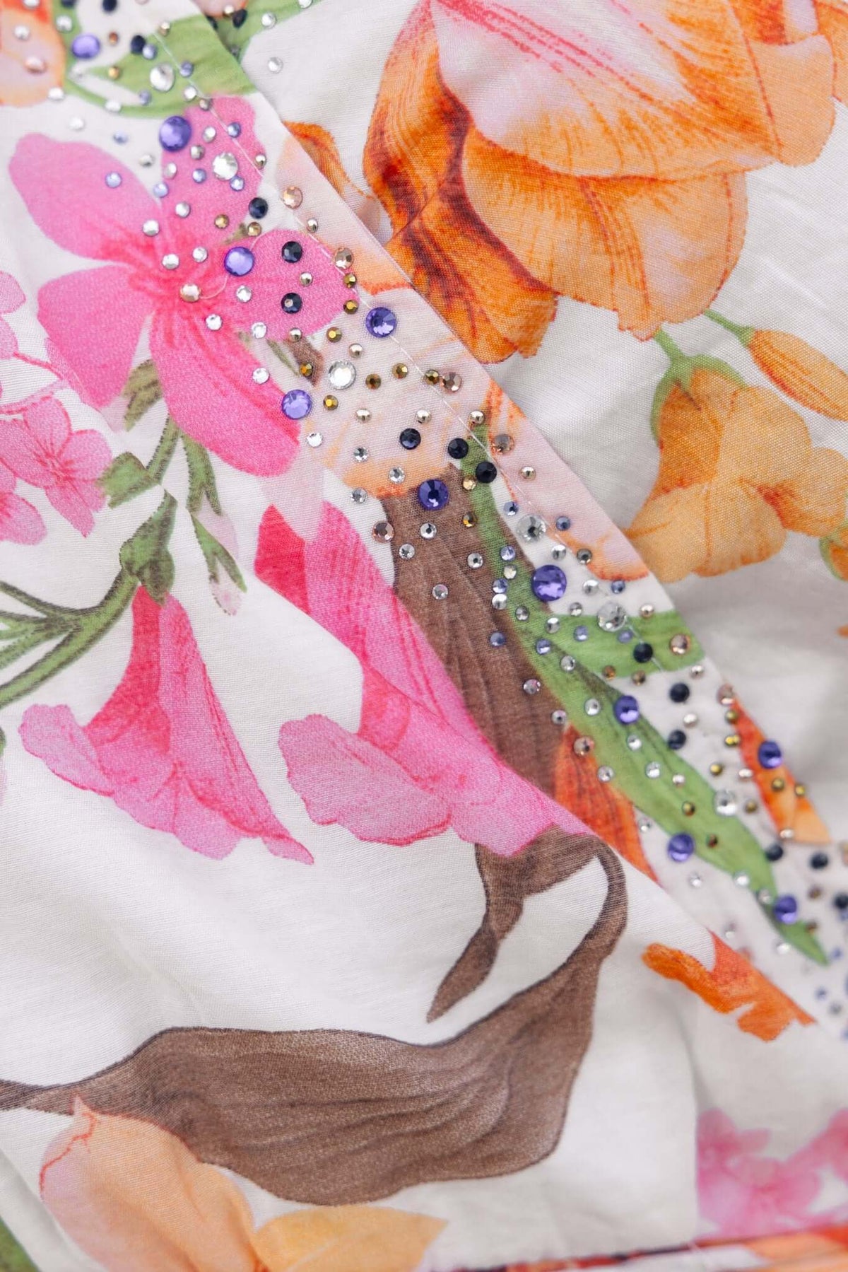 Close-up of floral fabric with colorful gems on Fools Gold Wrap Dress, highlighting its elegant design and embellishments.