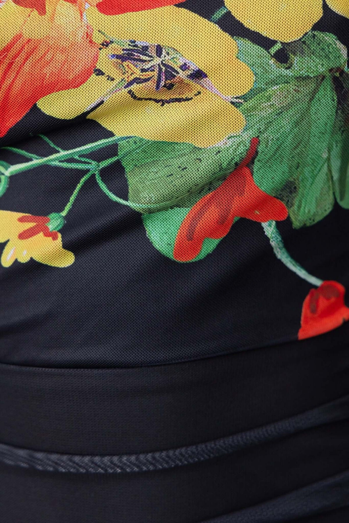 Close-up of colorful floral print on a black background, featuring vibrant flowers in red, yellow, and green.
