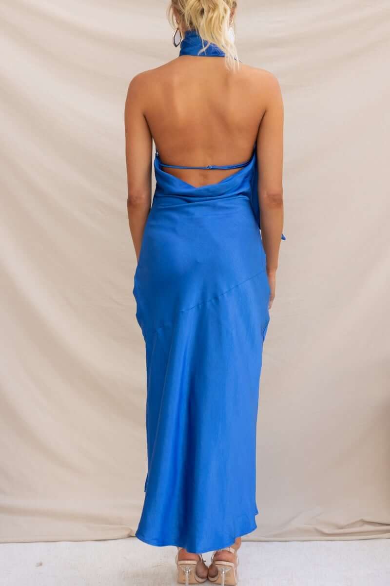 Havenah Maxi Dress in blue, showcasing the back view with adjustable straps and elegant satin finish.