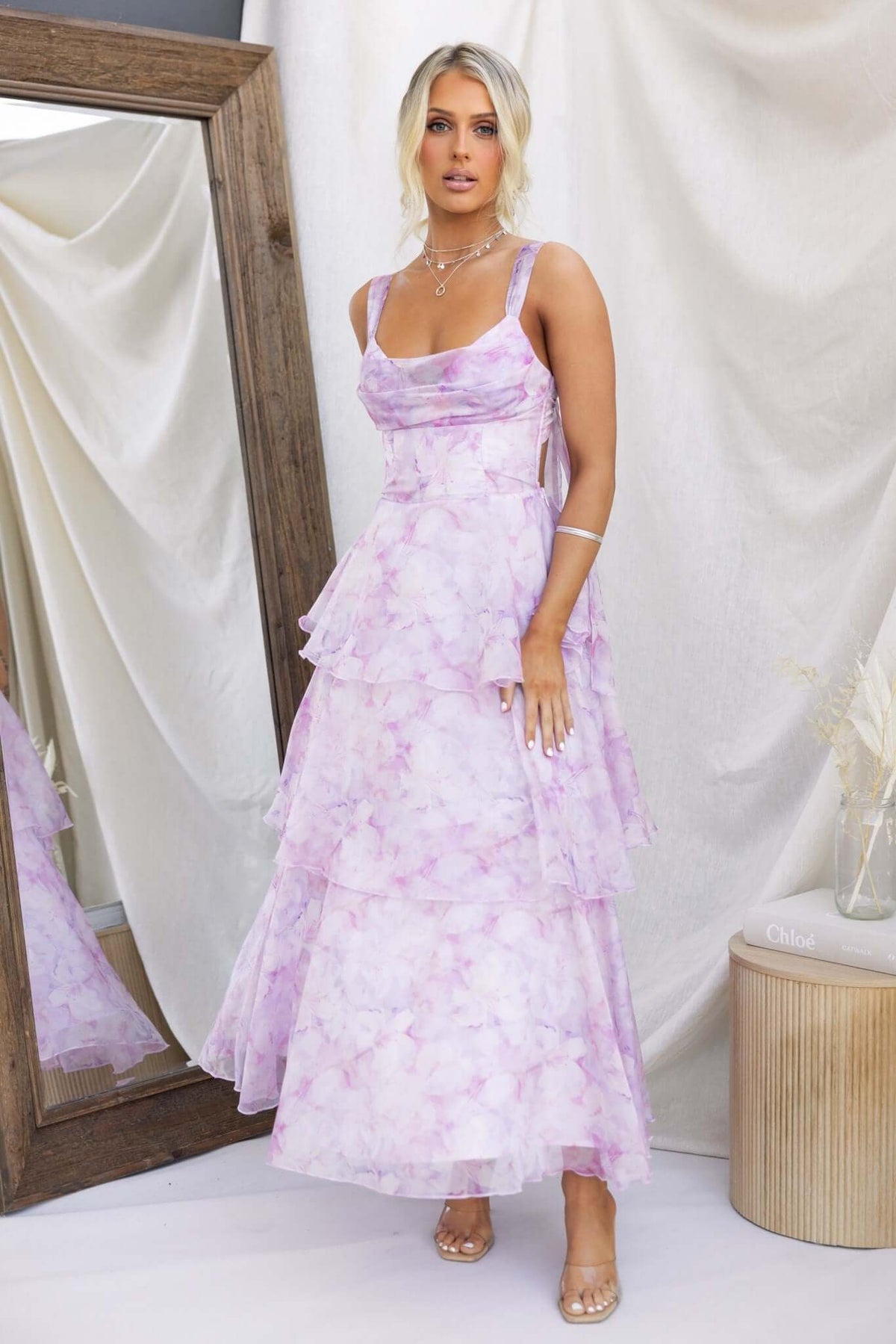 Bennett Ave Maxi Dress in soft lavender with tiered frills, perfect for easy wear and summer events, showcased on a model.