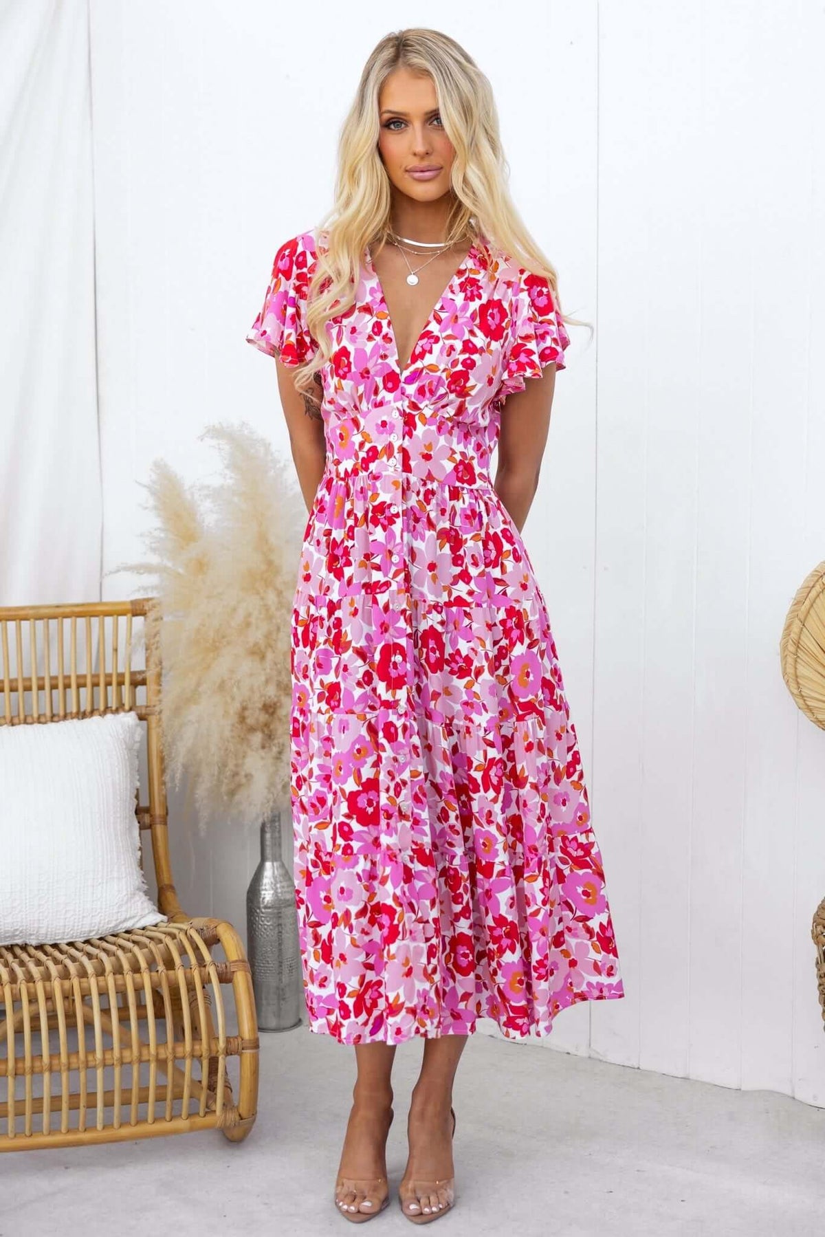 Hope Filled Midi Dress featuring pink floral design, button-down front, and shirred elastic panel at the waist.