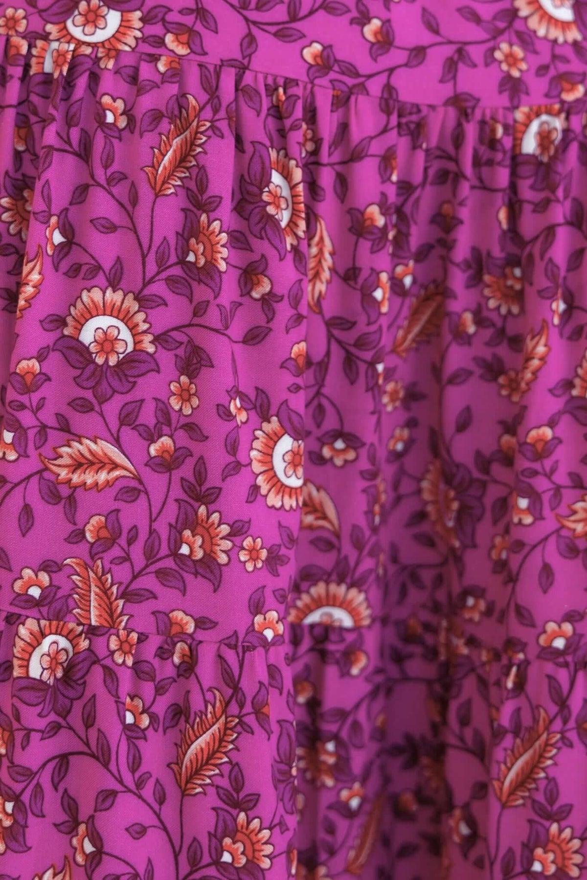 Close-up of the floral fabric of the Hope Filled Midi Dress, featuring vibrant pink and orange patterns.