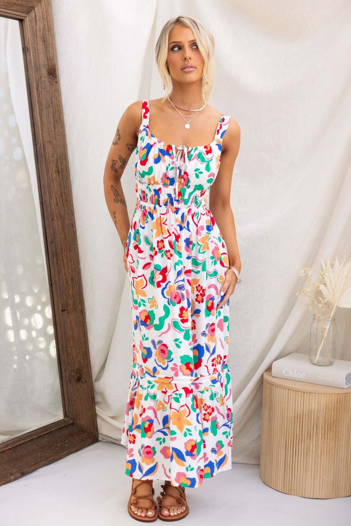 Colorful Skipper Midi Dress with adjustable straps and elastic waist, perfect for summer outings.